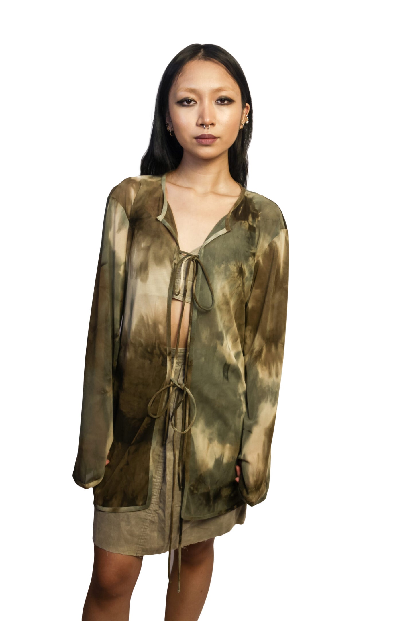 Brown Splatter Mesh Tie-Up Top