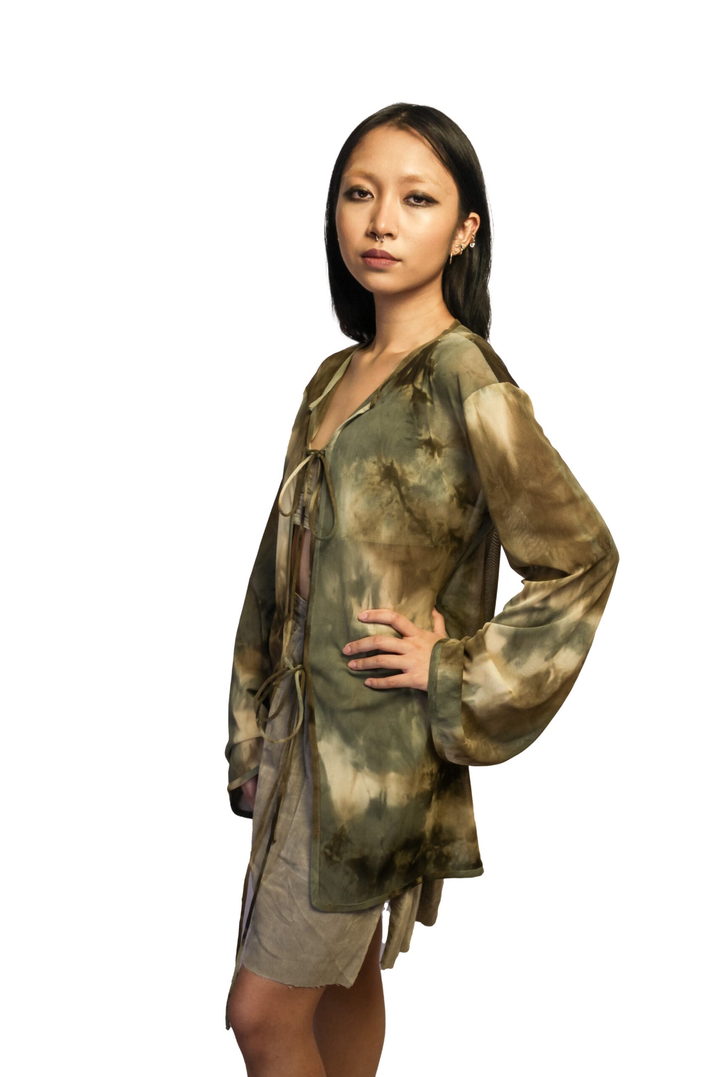 Brown Splatter Mesh Tie-Up Top